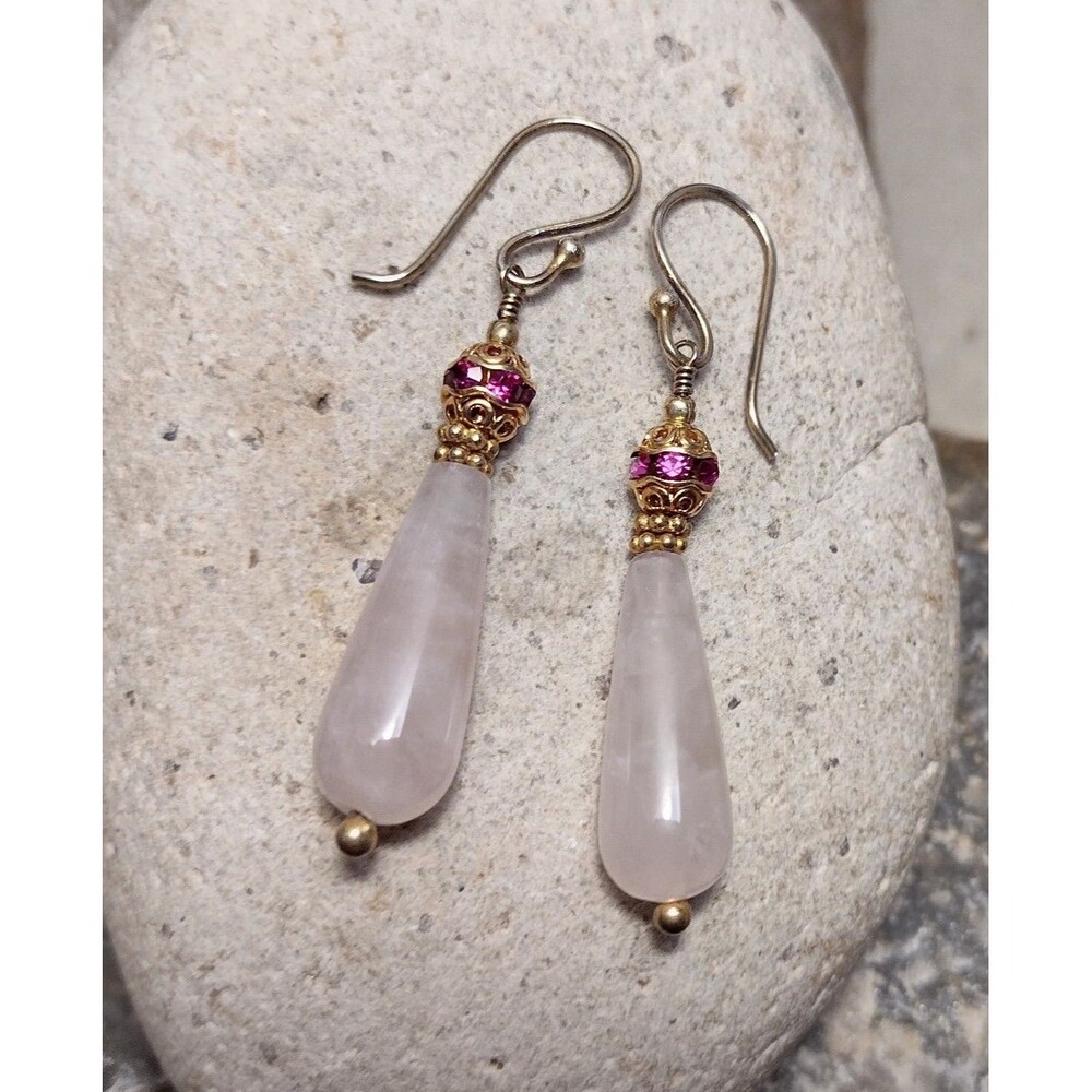 Rose Quartz Pink Crystal Beaded Sterling Silver Teardrop Earrings